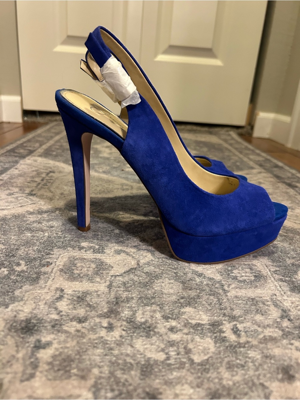 Jessica Simpson Cobalt Blue Suede Peep-Toe Slingback Platform Heels
